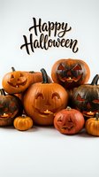 Happy Halloween carved pumpkins with glowing jack-o'-lantern faces and candles arranged on white background for seasonal holiday decorations and festive designs.