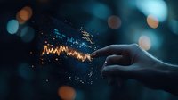 Futuristic financial chart hologram with glowing graph floating in dark space, hand touching digital display with stock market data and bokeh lights.