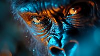 Close-up macro shot of tiger face with glowing amber eyes in dramatic blue lighting, showing detailed fur texture and fierce predator expression in dark atmosphere.