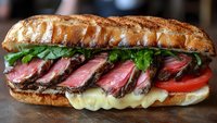 Grilled steak sandwich with medium-rare sliced beef, melted cheese, fresh tomatoes, and arugula on toasted artisanal baguette, close-up view showing juicy layers.