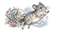 Cute gray and white chinchilla with flowing decorative tail featuring swirling clouds, flowers and botanical elements on isolated white background, perfect for children's designs, apparel and clipart.