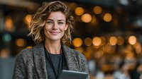Young professional Caucasian businesswoman with curly blonde hair smiling confidently while holding tablet in modern office with warm bokeh lights background.