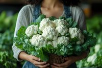 Fresh organic cauliflower heads with green leaves in wicker basket held by farmer in denim overalls, natural garden background with soft bokeh effect.