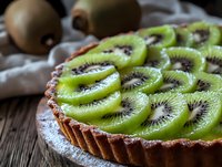 Fresh kiwi fruit tart with chocolate crust and cream filling, garnished with powdered sugar on rustic wooden surface, close-up view of dessert presentation.