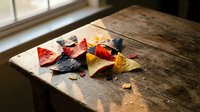 Colorful tortilla chips with salsa and guacamole dips on rustic wooden cutting board near window. Mexican snack food appetizer for party entertaining.