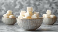 White sugar cubes stacked in ceramic textured bowls on gray concrete background, minimalist food composition with soft natural lighting and selective focus.