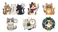 Cartoon cats celebrating with champagne, party hats, and festive decorations in various poses. Isolated clipart collection ready for greeting cards, invitations, and holiday designs.