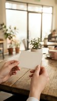 Hands holding blank white card in bright home office with plants and natural light streaming through windows for mockup design purposes.