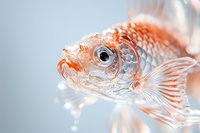 Crystal glass fish sculpture with delicate orange and transparent details captured in soft lighting against light blue background, showcasing intricate craftsmanship.