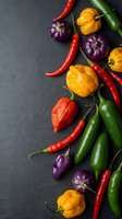 Colorful hot chili peppers and bell peppers arranged on dark slate background for cooking and spice ingredients in culinary recipes.