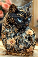Ornate black cat figurine decorated with golden baroque swirls, pearls and delicate flower embellishments featuring striking blue crystal eyes and intricate vintage design details.