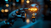 Robotic hand touching glowing light bulb against blurred bokeh background, symbolizing artificial intelligence and technological innovation in modern science.