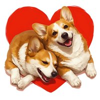 Two happy Pembroke Welsh Corgi dogs lying together on red heart background. Smiling puppies with fluffy fur in romantic Valentine's day composition.