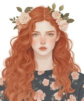 Young woman with flowing red curly hair wearing floral crown and dark floral dress. Soft artistic portrait features freckles and green eyes. Romantic feminine illustration.