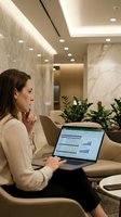 Professional businesswoman analyzing financial data on laptop in modern office lobby with marble walls and contemporary lighting.