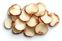 Fresh sliced white mushrooms with brown edges arranged in group on white background, isolated food ingredient for cooking and culinary design.