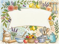 Watercolor kitchen frame with blank banner, lemons, roses, lavender, fruits and utensils on tiled background, perfect for recipe cards.