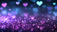 Magical glowing hearts and sparkles on dark background with bokeh effect in purple and blue colors create romantic atmosphere for Valentine designs.