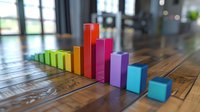 Colorful ascending and descending bar graph blocks arranged on wooden table surface showing business analytics data visualization with vibrant rainbow colors.
