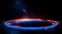 Glowing blue and orange light trails form circular ring against dark space background with bright energy effects and cosmic atmosphere.