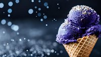 Purple ice cream scoops in crispy waffle cone against dark background with magical bokeh lights and sparkles. Delicious frozen dessert with vibrant color.