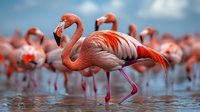 Pink flamingo wading in shallow water with flock in background, vibrant coral feathers against blue sky, natural wildlife photography in soft focus.