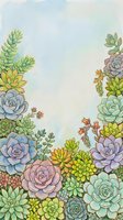 Watercolor succulent garden border with pastel blue, purple, and green plants framing soft sky background, for cards and prints.