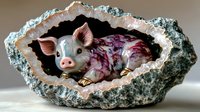 Surreal art of wounded pig lying inside rough stone geode cavity with crystalline walls. Dark conceptual composition exploring nature and mortality.