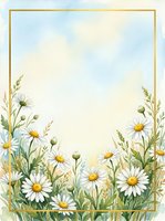 Watercolor daisy floral frame with gold border and soft pastel sky, copy space for text, for cards, invitations, and stationery design.
