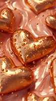 Metallic copper hearts with water drops on pink background, romantic luxury composition with golden liquid bubbles and reflective surface texture.