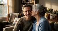 Happy mature Caucasian couple embracing in cozy living room with warm natural lighting and home decor for lifestyle and relationship concepts.