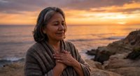 Peaceful mature Hispanic woman enjoying golden hour sunset by ocean coast, wrapped in cozy blanket, expressing gratitude and serenity during meditation moment.