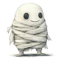 Cute cartoon mummy character with big dark eyes and friendly smile wrapped in bandages. Isolated illustration for Halloween designs or children's book projects.