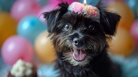Small black terrier mix puppy wearing floral crown headband with tongue out against colorful balloon backdrop for party celebration or birthday theme.