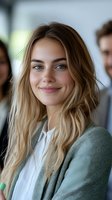 Young blonde businesswoman smiling confidently in modern office environment with colleagues in background for corporate and professional concepts.