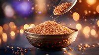 Raw quinoa grains falling into metal bowl against festive bokeh background, dramatic lighting creates magical food photography atmosphere.