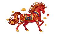 Ornate red Chinese horse with golden decorative patterns and flowing mane on white background, traditional Asian art style for lunar new year celebrations.