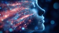 Ethereal female profile silhouette with glowing particles and cosmic dust in blue and coral colors against dark background, mystical artistic portrait.