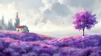 Dreamy purple landscape with lavender fields, lone cottage and vibrant purple tree against cloudy sky, artistic fantasy countryside scenery in soft pastel colors.