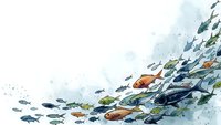 Watercolor fish swimming in flowing motion with splashes and droplets creating dynamic aquatic scene for marine life designs.
