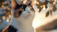 Adorable calico kitten with bright yellow eyes looking up curiously against warm bokeh lights background, perfect for pet care and animal lover content.