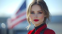 Young Caucasian woman in red blazer with bright red lipstick smiling confidently against blurred American flag background, soft natural lighting creates professional portrait.