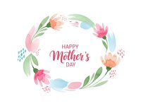 Watercolor floral wreath with Happy Mother's Day text in soft pastel colors on white background for greeting cards and celebration designs.