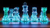 Glowing chess pieces in turquoise blue light on chessboard create dramatic atmosphere. Strategic game pieces illuminate against dark background showing power and strategy.