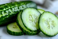 Fresh cucumber slices arranged in row showing crisp texture and internal star pattern, macro photography on white background. Organic produce for healthy eating.