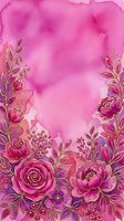 Watercolor pink floral border with gold outlines, roses and peonies on vibrant magenta background with copy space for cards and invitations.
