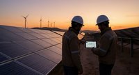 Two engineers in hard hats inspecting solar panel installation at sunset with wind turbines in background, renewable energy infrastructure maintenance.