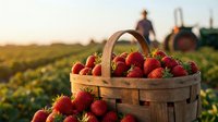 Fresh ripe strawberries in wicker basket at organic farm during golden hour sunset with blurred farmers working in background fields for harvest season.