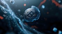 Cryptocurrency coin encased in ice crystal with digital particles and glowing data streams, representing blockchain technology, digital currency security, and frozen assets in financial markets.