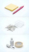 Office supplies collection with sticky notes pink pen paper clips tape and correction fluid isolated on white background for business workspace design.